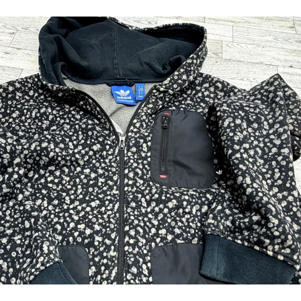 Mens Adidas Black Dot Full Zip Hoodie Jacket LARGE Zip Pockets Fleece‎ Inside